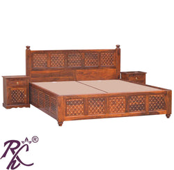 Solid Wooden Brass Jiksa Jali Design King Size With Storage Bed