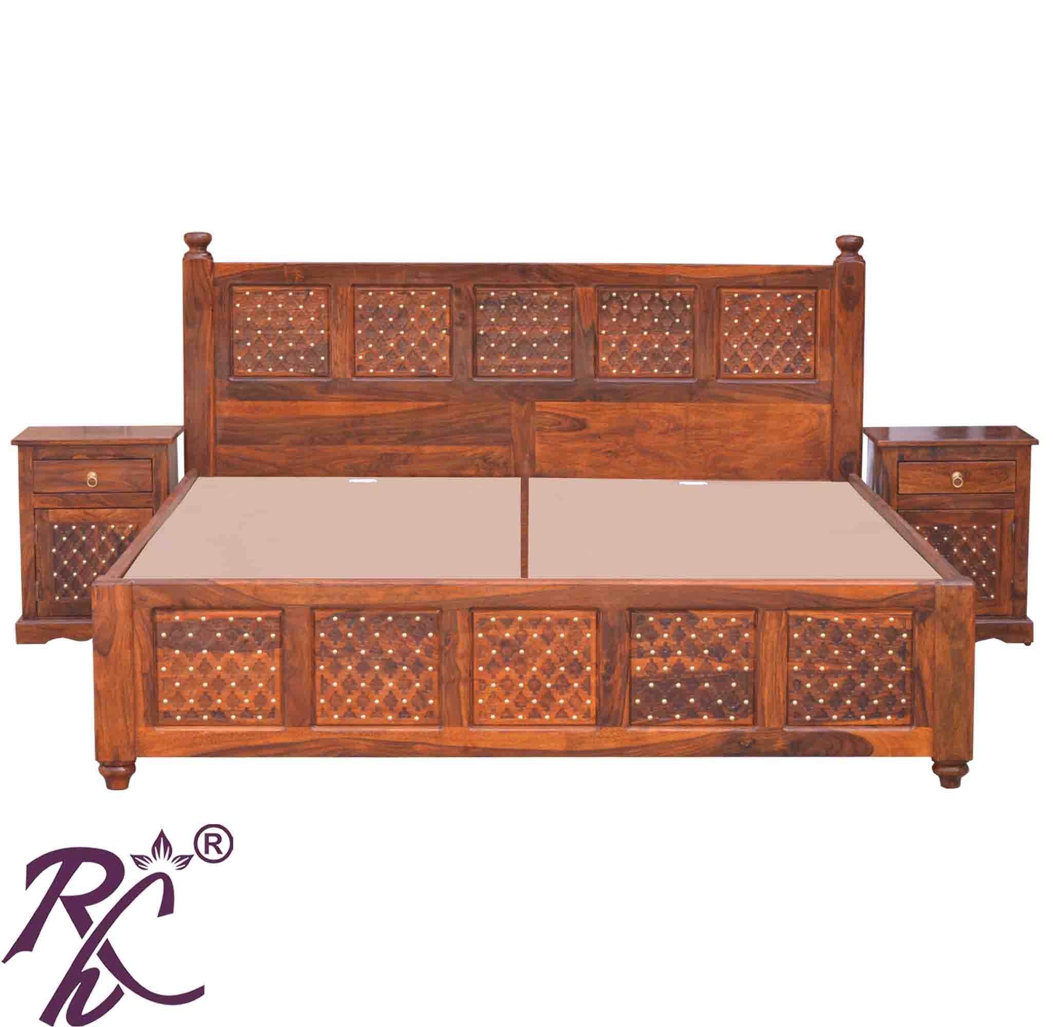 Solid Wooden Brass Jiksa Jali Design King Size With Storage Bed