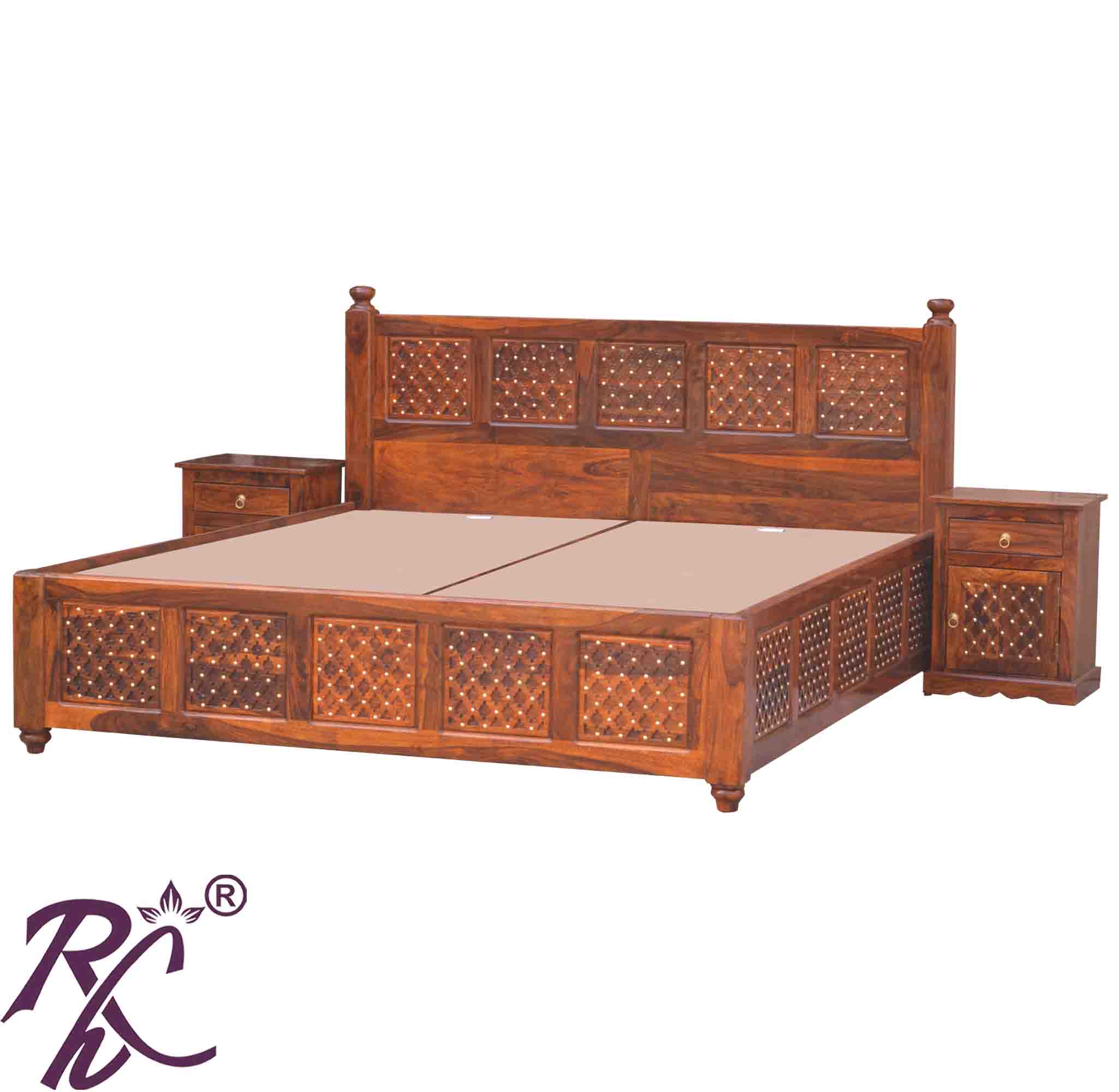 Solid Wooden Brass Jiksa Jali Design King Size With Storage Bed