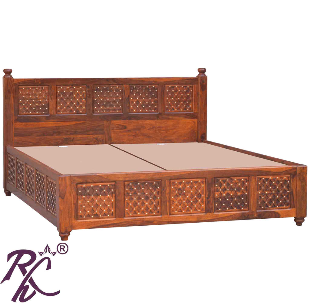Solid Wooden Brass Jiksa Jali Design King Size With Storage Bed