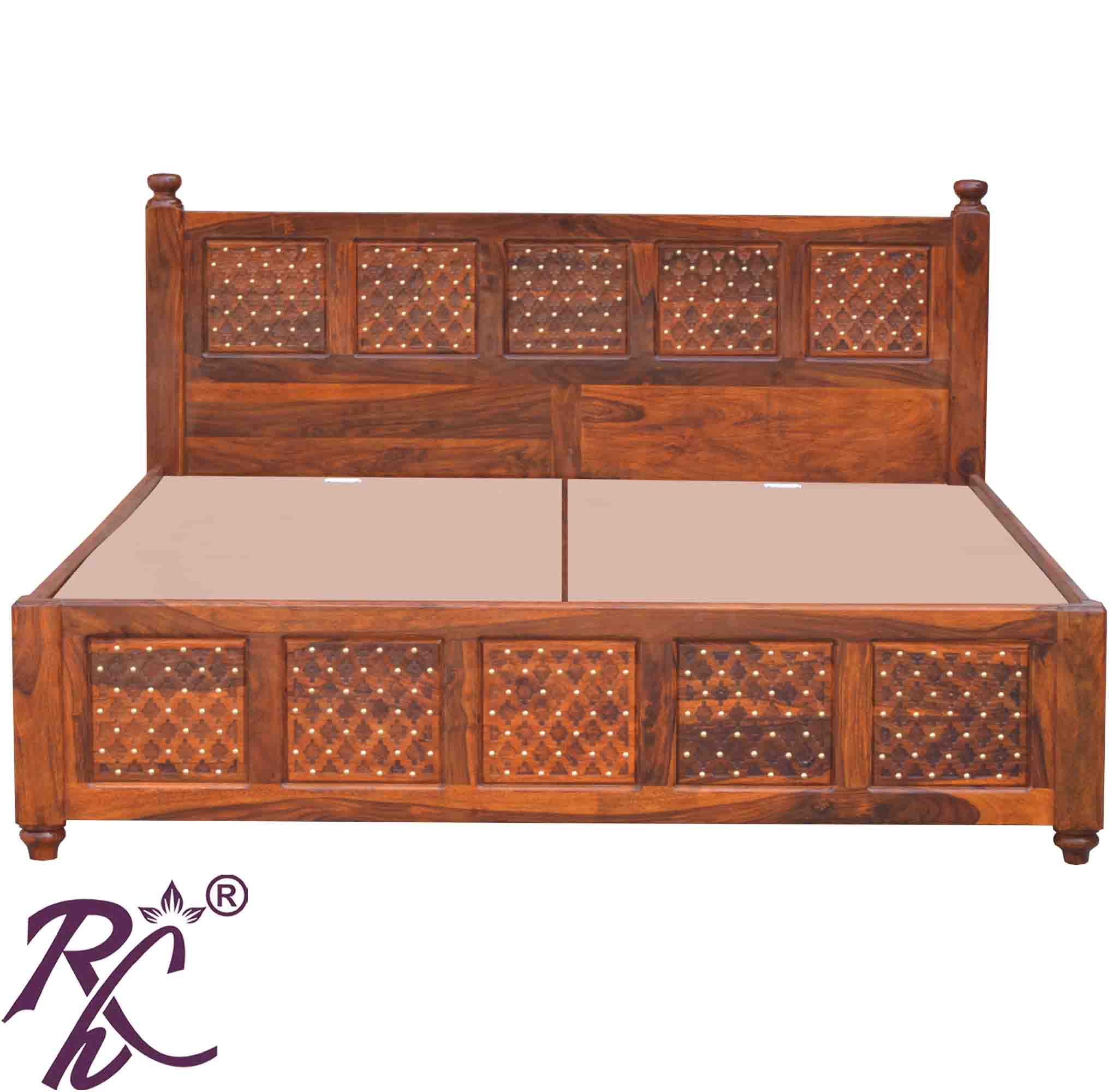 Solid Wooden Brass Jiksa Jali Design King Size With Storage Bed