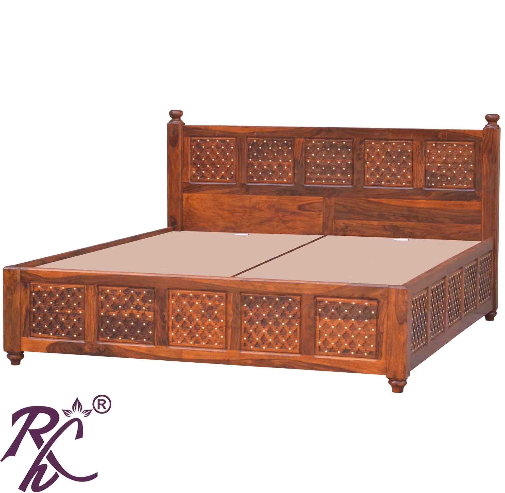 Solid Wooden Brass Jiksa Jali Design King Size With Storage Bed