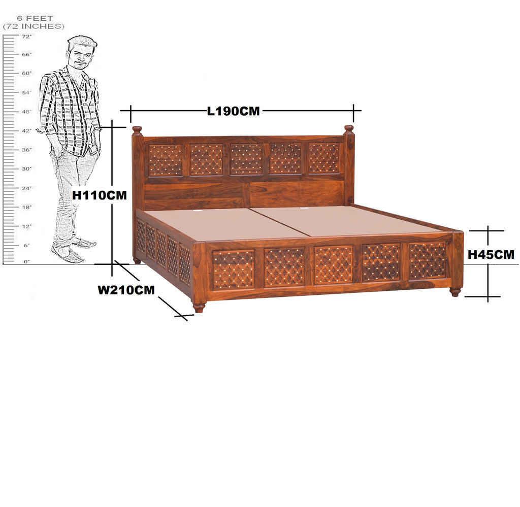 Solid Wooden Brass Jiksa Jali Design King Size With Storage Bed