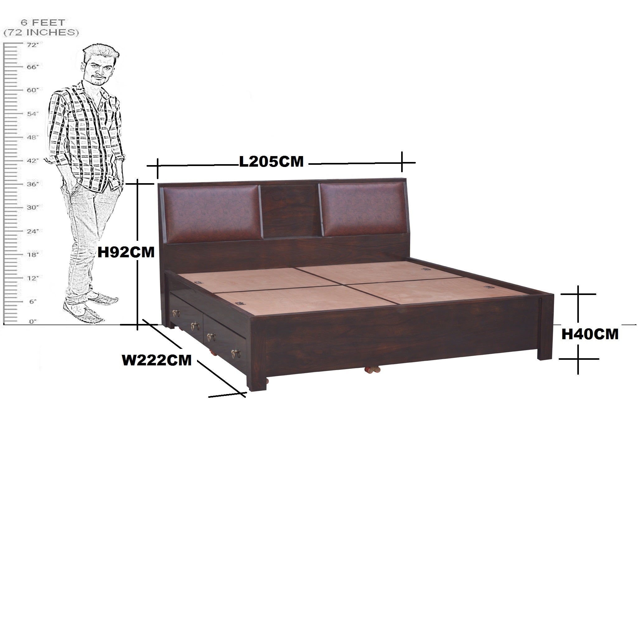 Solid Wood King Size Bed With Side Full Trolley Storage