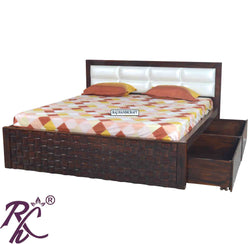 Solid Wood Wooden Box Head Part Cushion Design King Size Bed With Side Full Drawer Storage