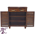 Solid Wood Wooden Stripe Design Shoe Rack Two Doors Two Drawers